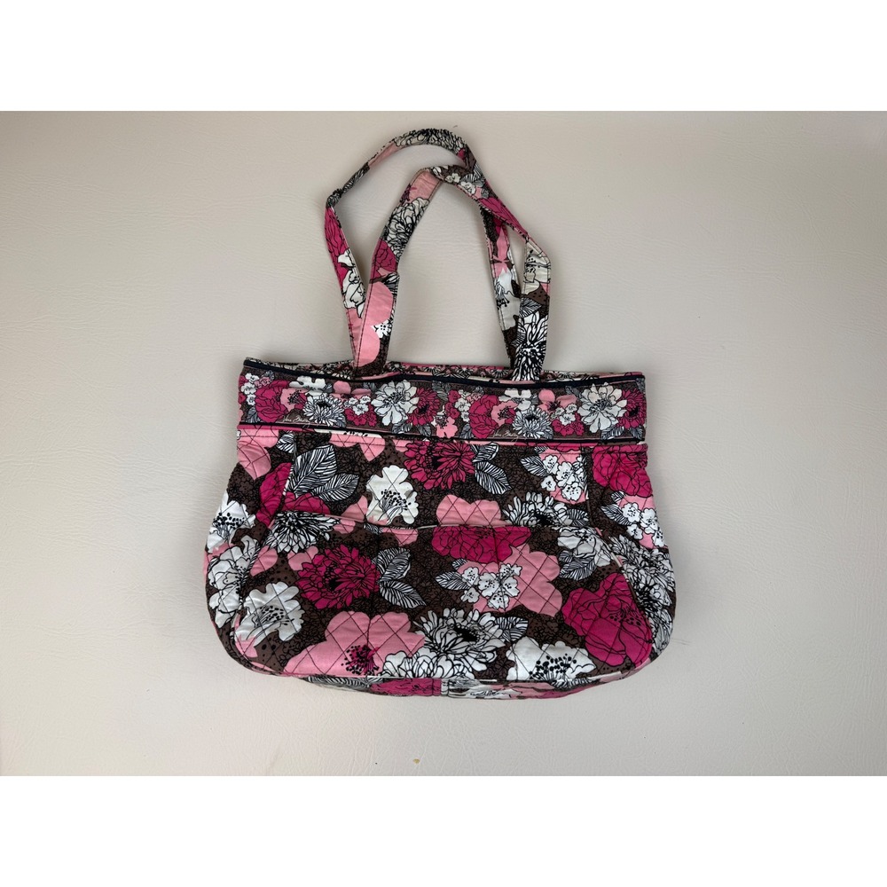 Vera Bradley Medium Tote Floral Pink Brown Cotton Quilted Shoulder Bag